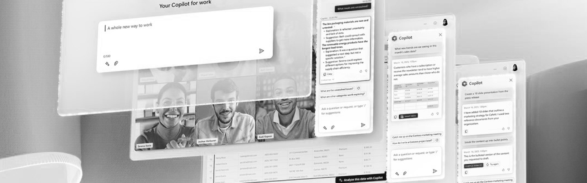 Collage representing the integrations possible with Microsoft 365 Copilot